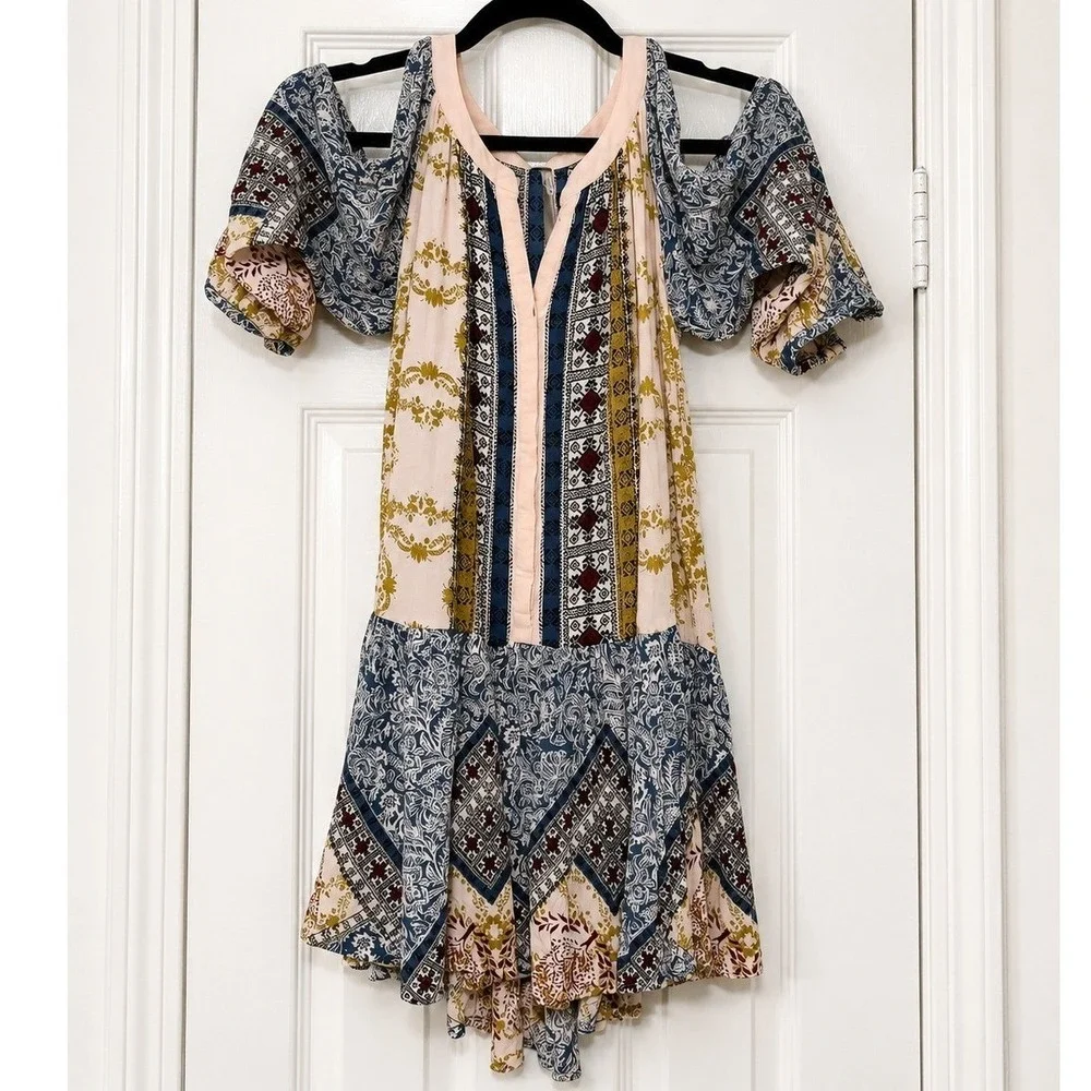 Free People XS Cold Shoulder Patchwork Boho Floral Print Mini Dress Tunic XS